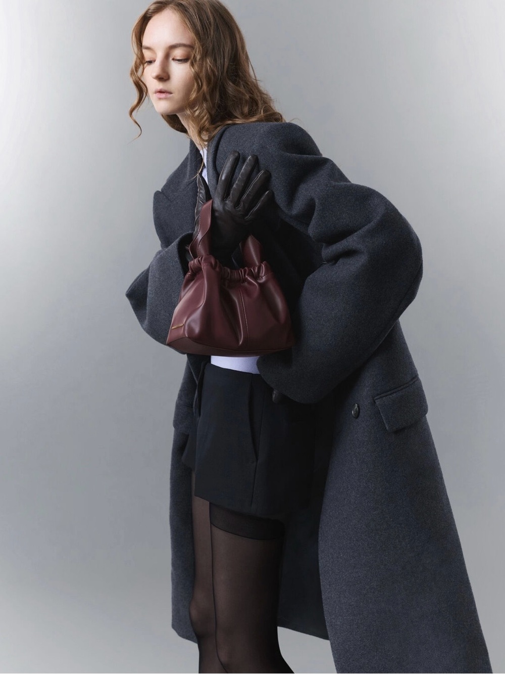 Charles&Keith Small Gathered Top-Handle Bag - Burgundy - NEW/UNUSED